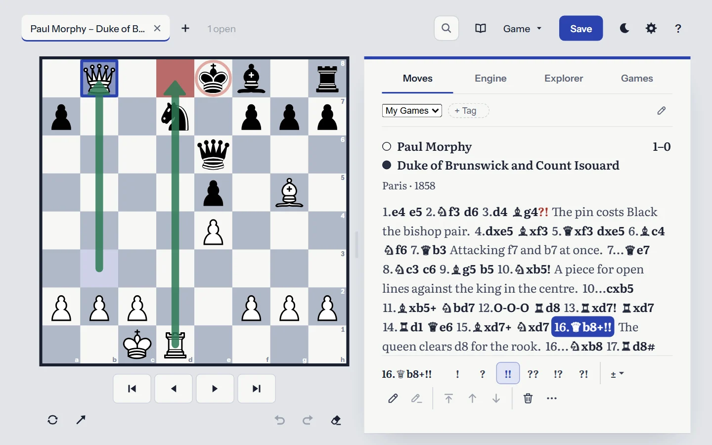 The workbench: a board with arrows and highlighted squares beside an annotated Game with comments and move symbols.
