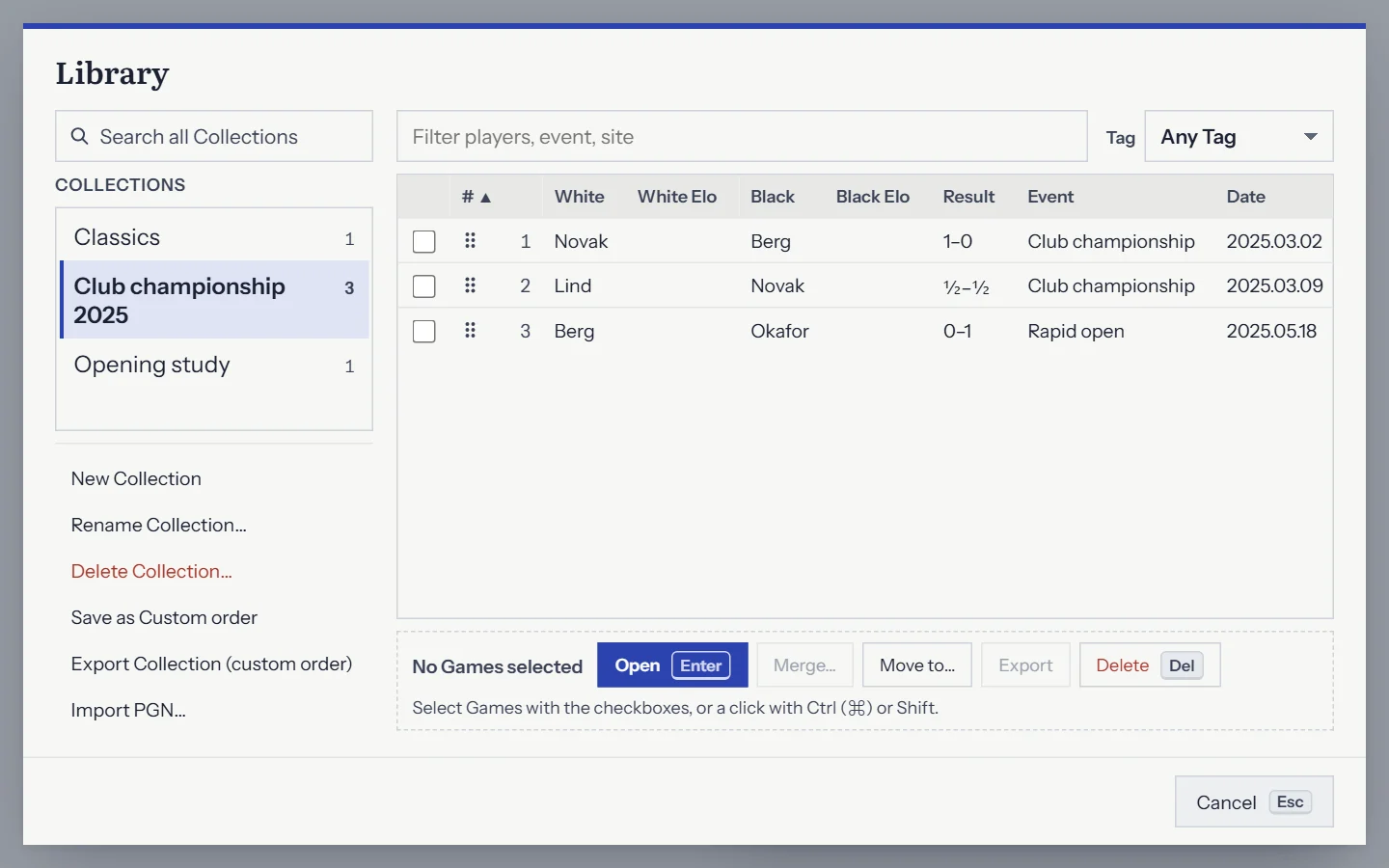 The Library: Collections on the left, and a Collection’s Games in a table with their players, result, event and date.