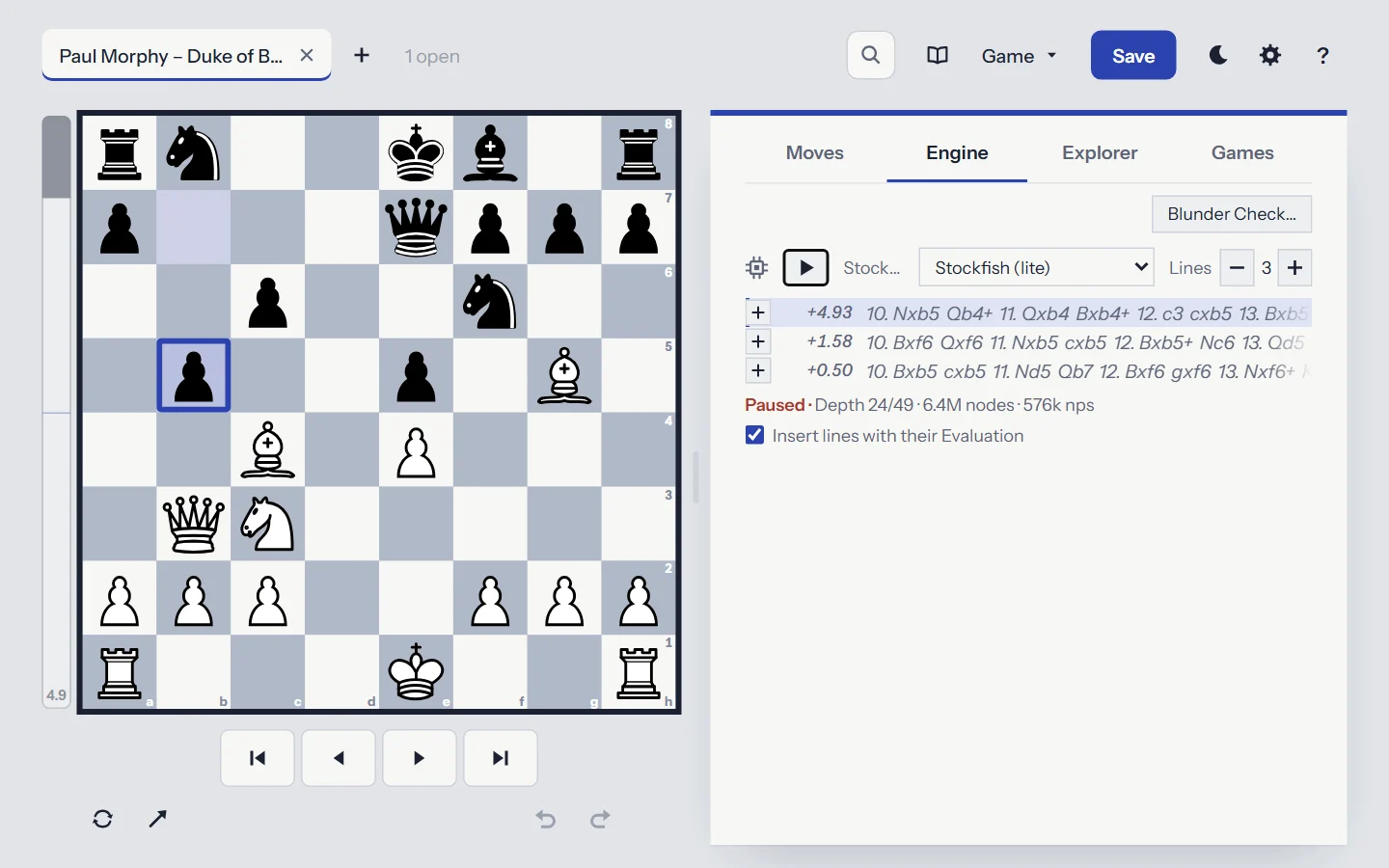 The Engine’s three best lines for a position, each with its Evaluation, beside the board and its evaluation bar.