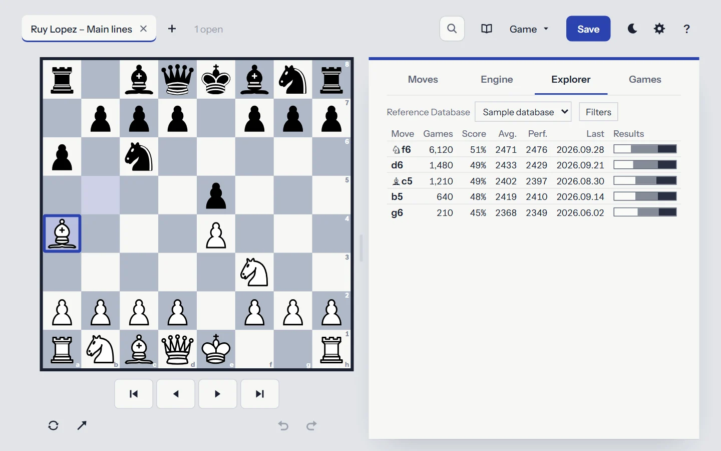 The Opening Explorer: the moves played from a position with their number of Games, score, performance and average rating.