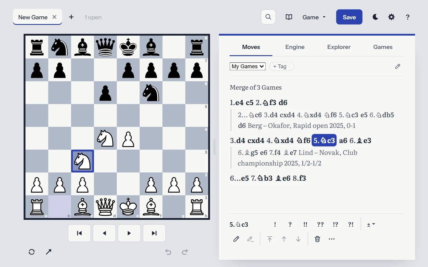 A merged Game: the other Games join it as Variations, each labelled with its players, event, year and result.
